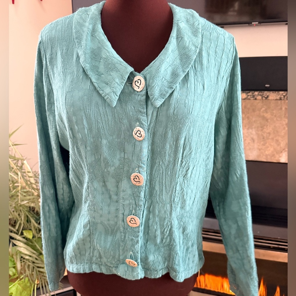 Deu Vintage Elegant Teal Button-Up Blouse Top - Shoulder Pads & Unique Buttons